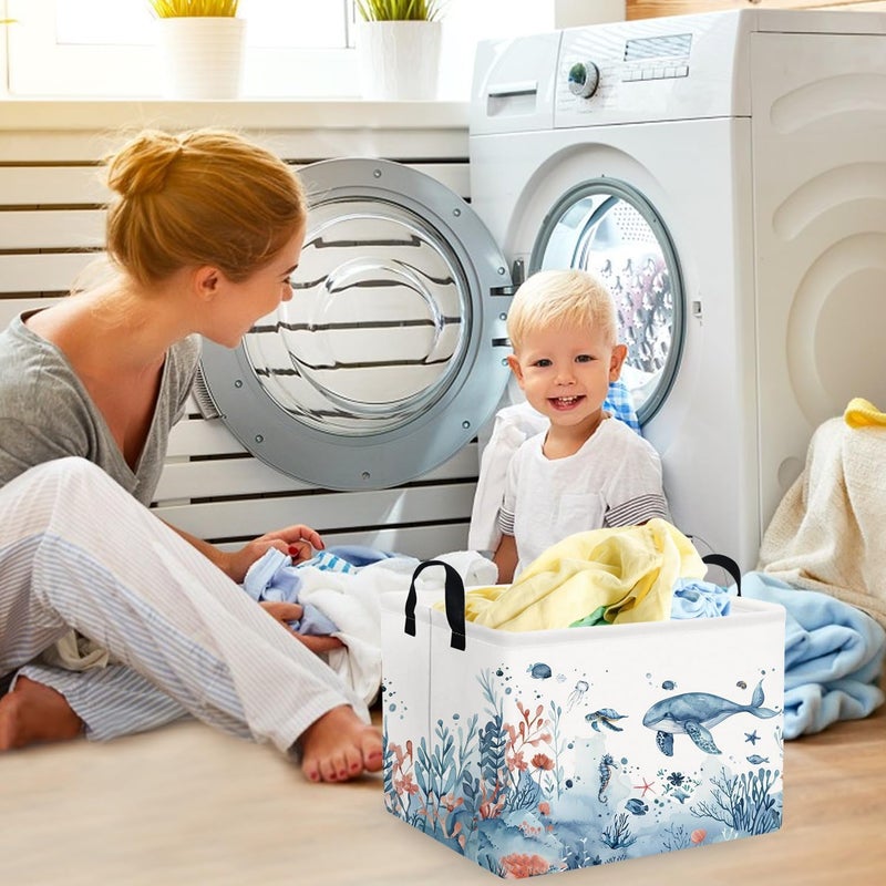 FXOCSHE Rectangle Fish Sea Turtle Baby Basket,Waterproof canvas foldable laundry basket,Nursery Hamper,Ocean party storage bin,Pool toy beach towel storage box(Sea) - Image 5